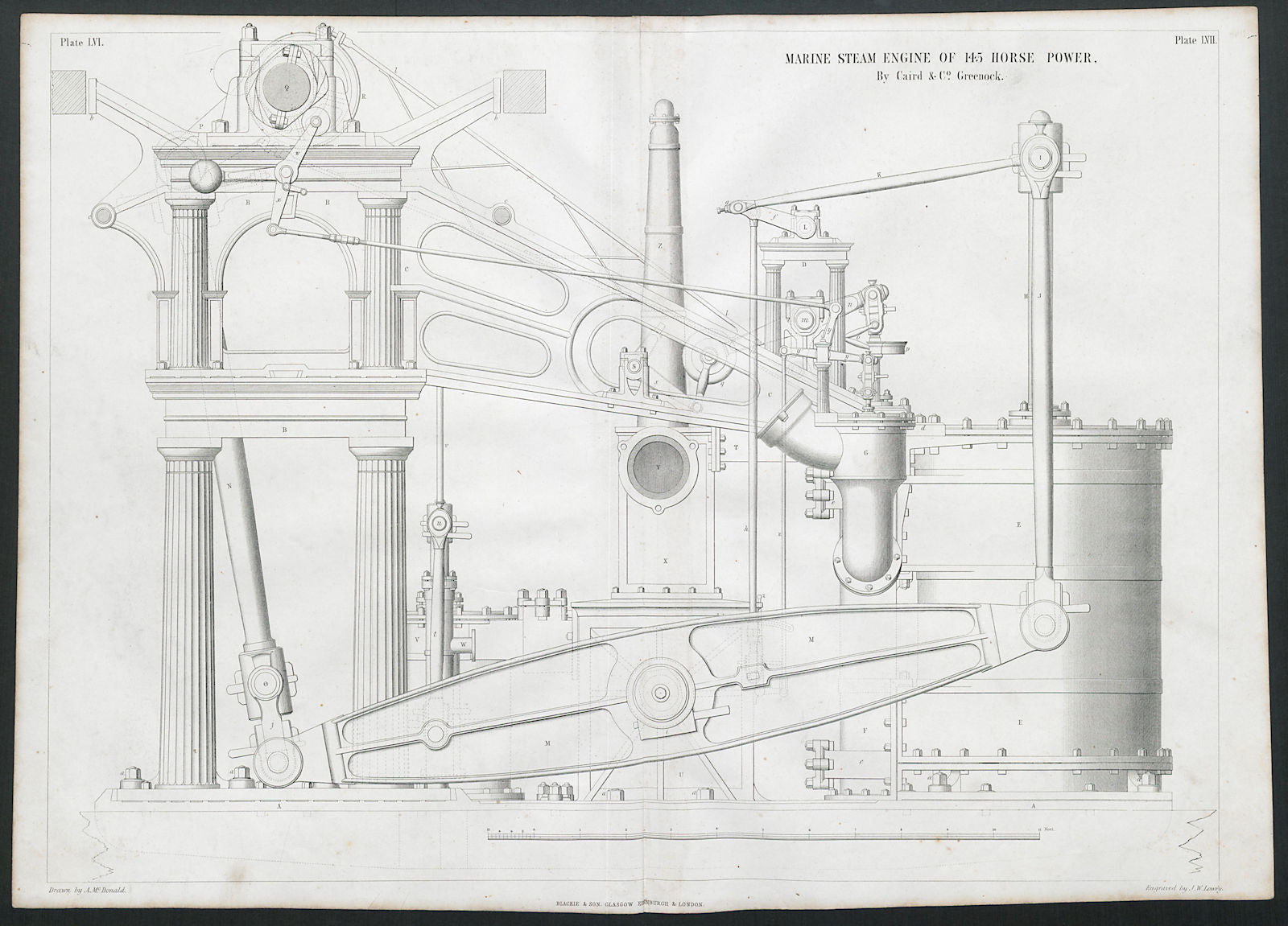 19C ENGINEERING DRAWING 145 HP marine steam engine. Caird & Co. Greenock 1 1847